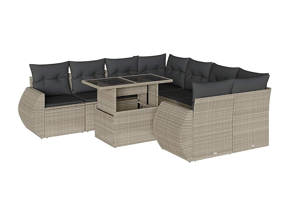 Set muebles jardín 9 piezas y cojines ratán sintético gris claro