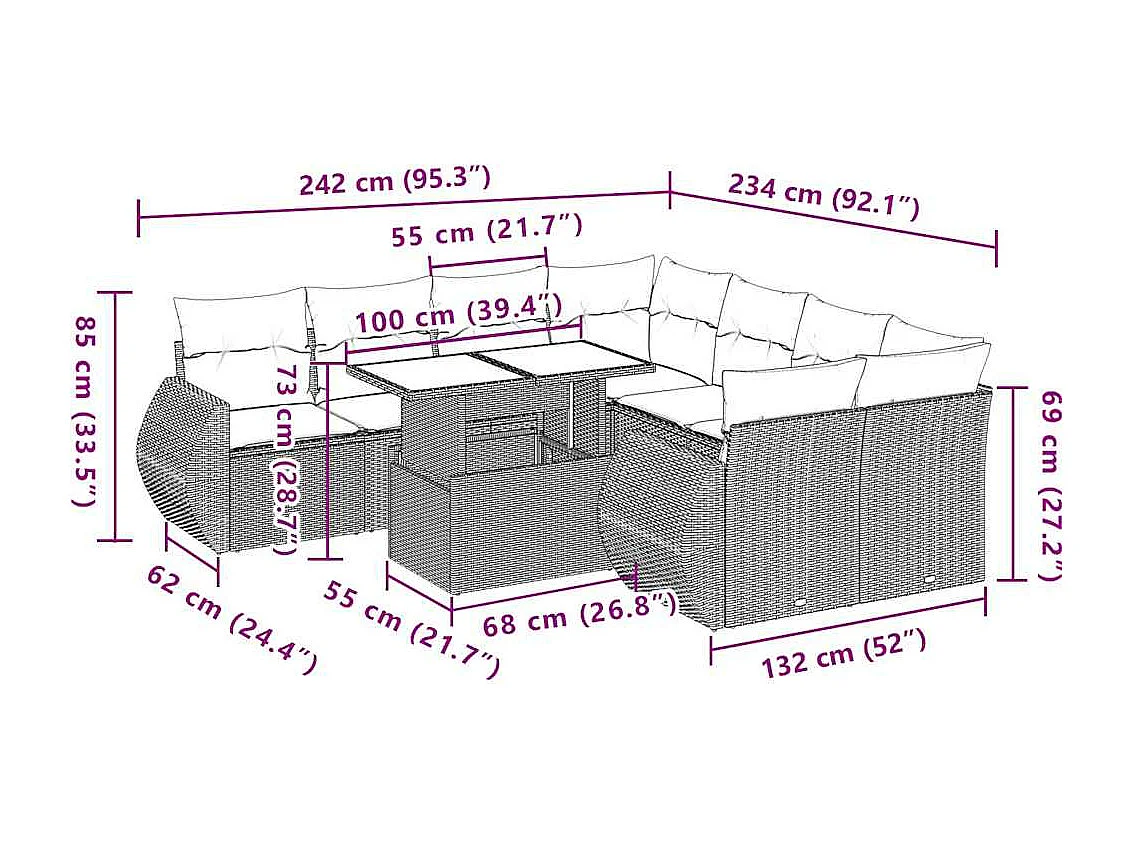 Set muebles jardín 9 piezas y cojines ratán sintético gris claro