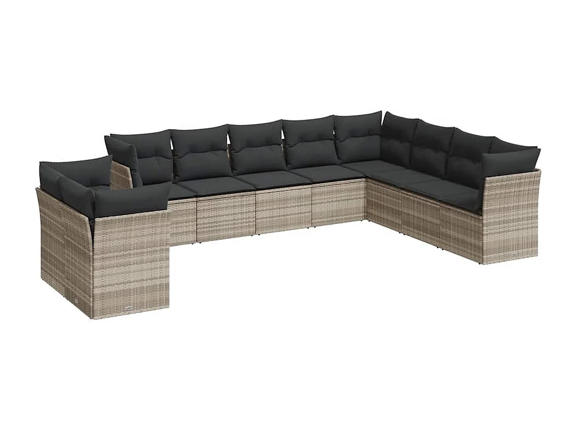 10 peças conj. sofás jardim com almofadões vime PE cinzento-claro