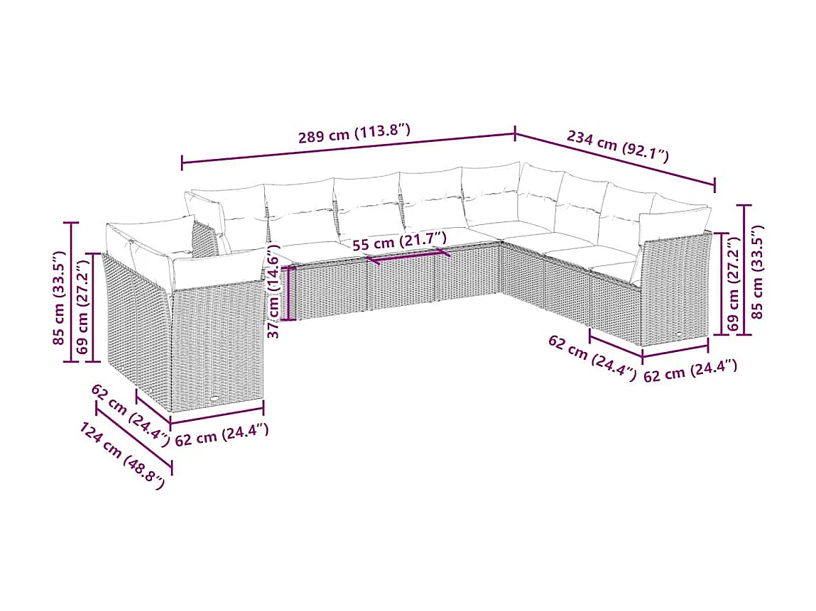 10 peças conj. sofás jardim com almofadões vime PE cinzento-claro
