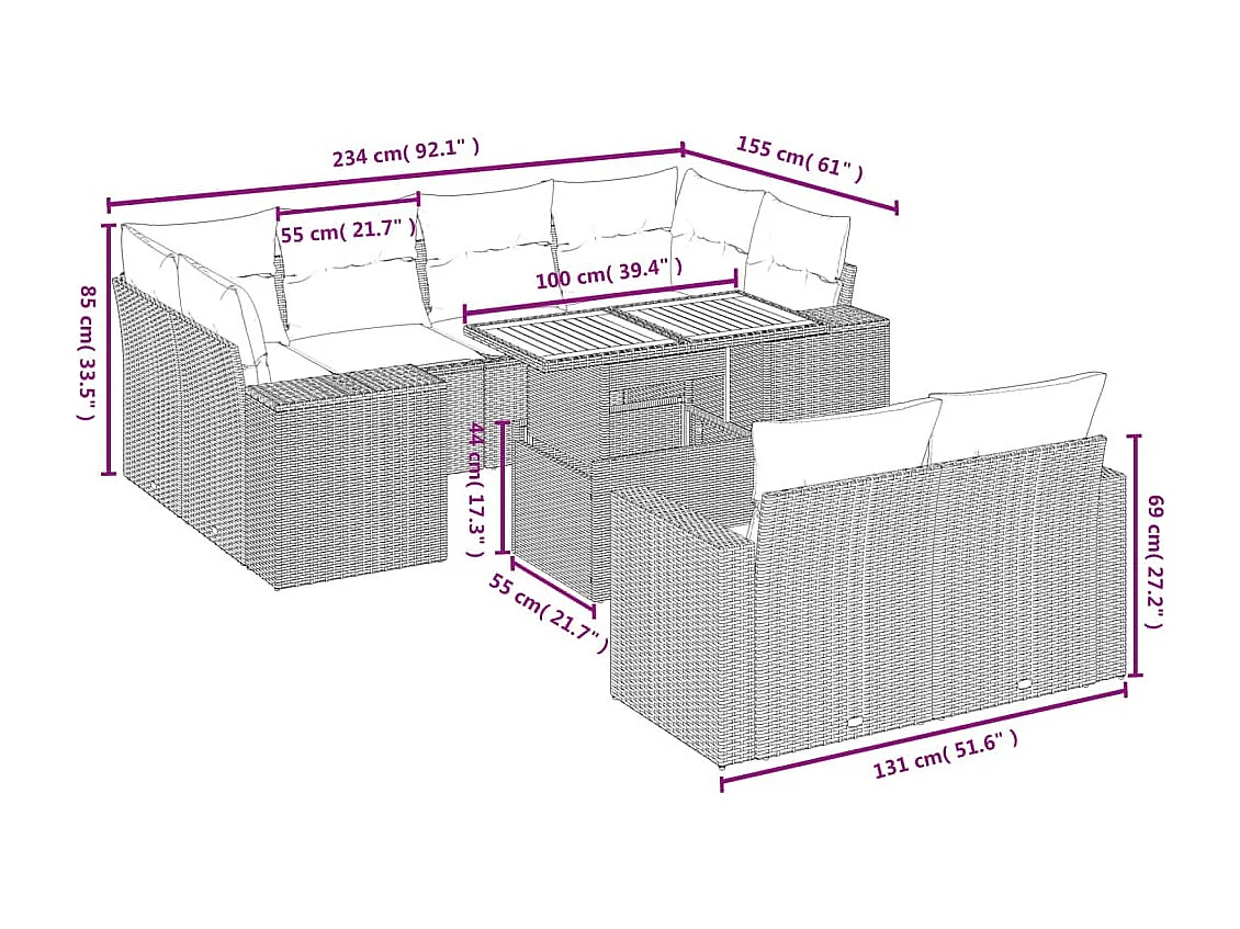 Salon de jardin 11 pièces avec coussins beige résine tressée