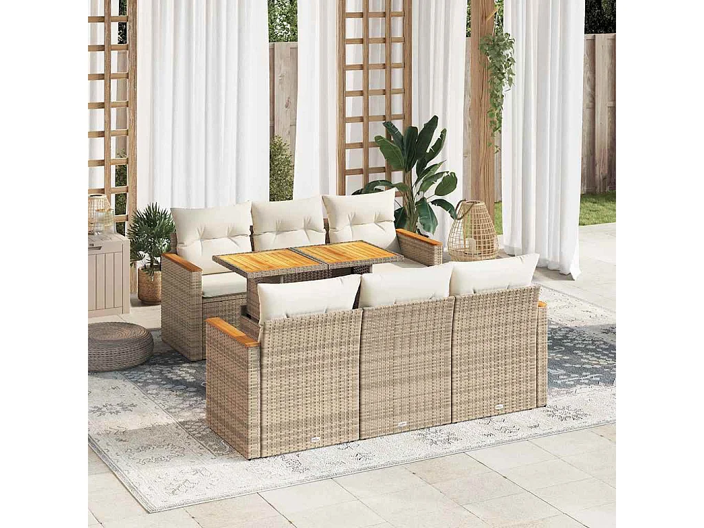 Salon de jardin avec coussins 7 pièces beige résine tressée acacia