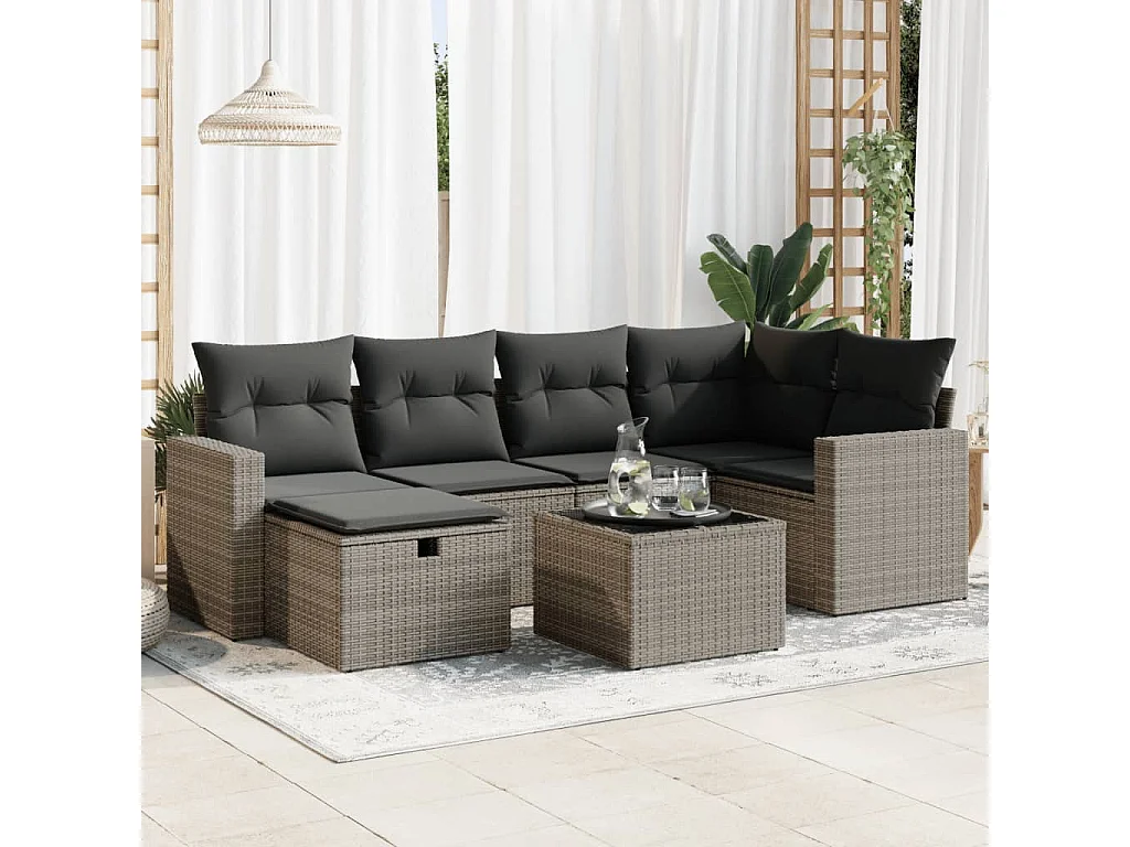 7-delige Loungeset met kussens poly rattan grijs