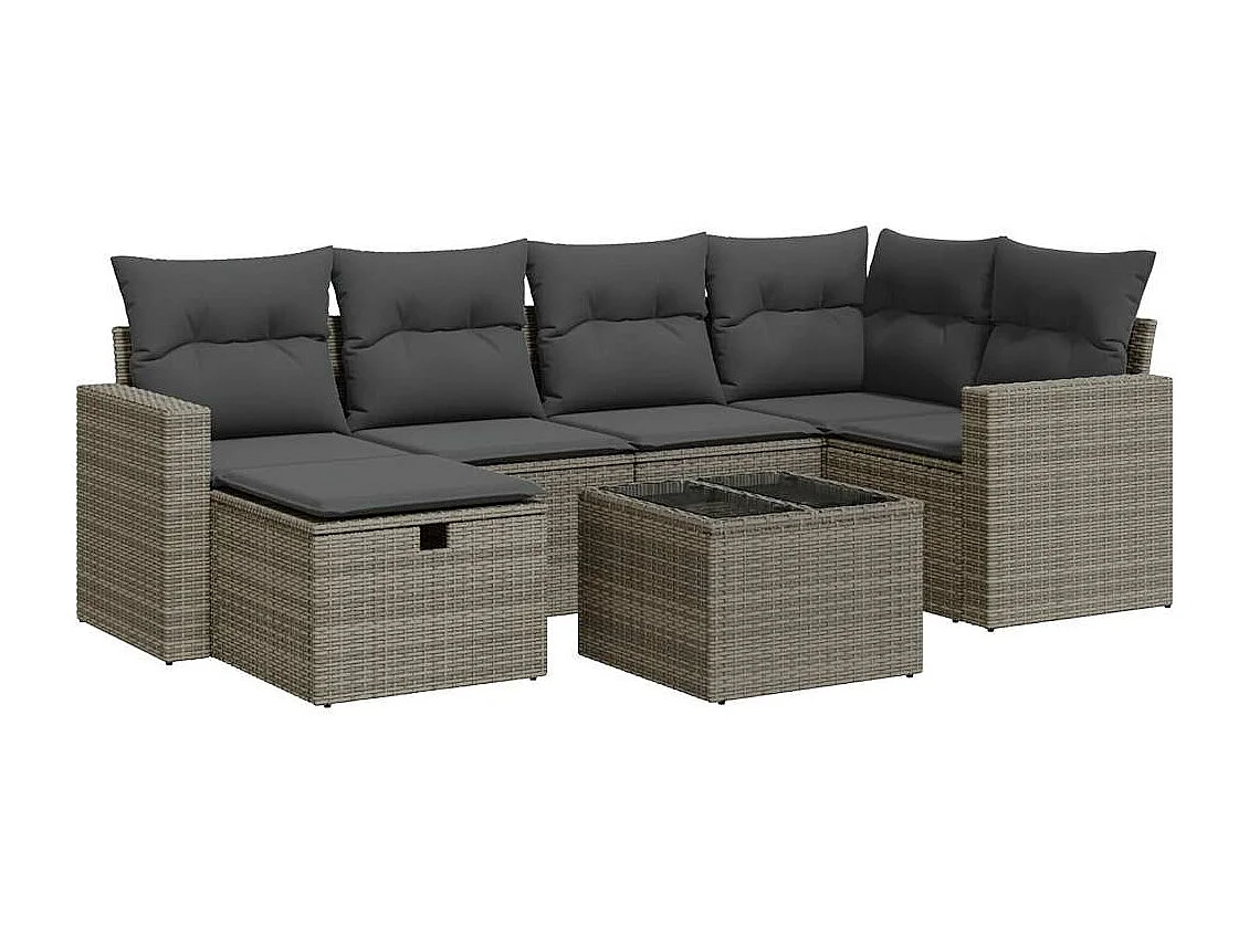 7-delige Loungeset met kussens poly rattan grijs