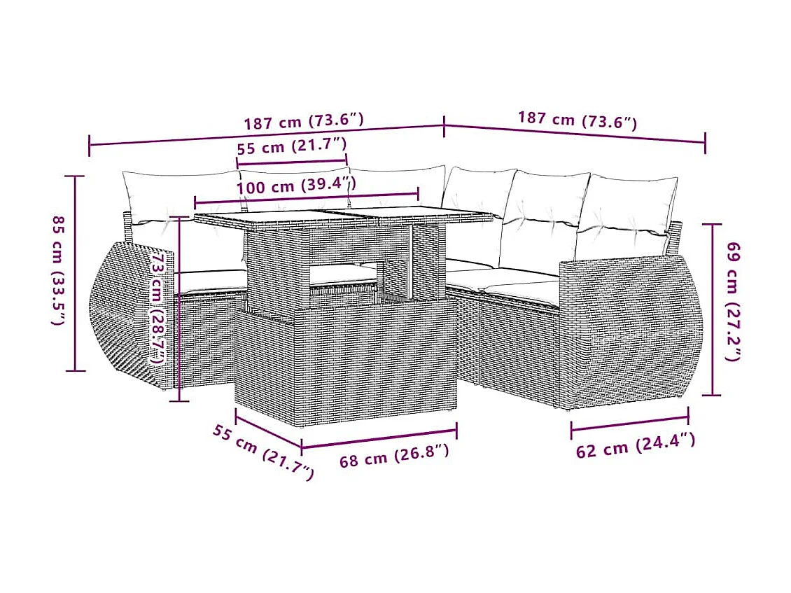 6-delige Loungeset met kussens poly rattan lichtgrijs