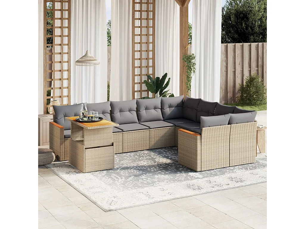 Salon de jardin avec coussins 10 pièces beige résine tressée