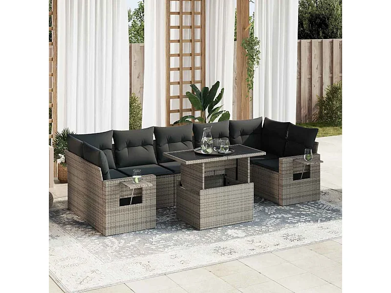 Salon de jardin 8 pièces avec coussins gris résine tressée