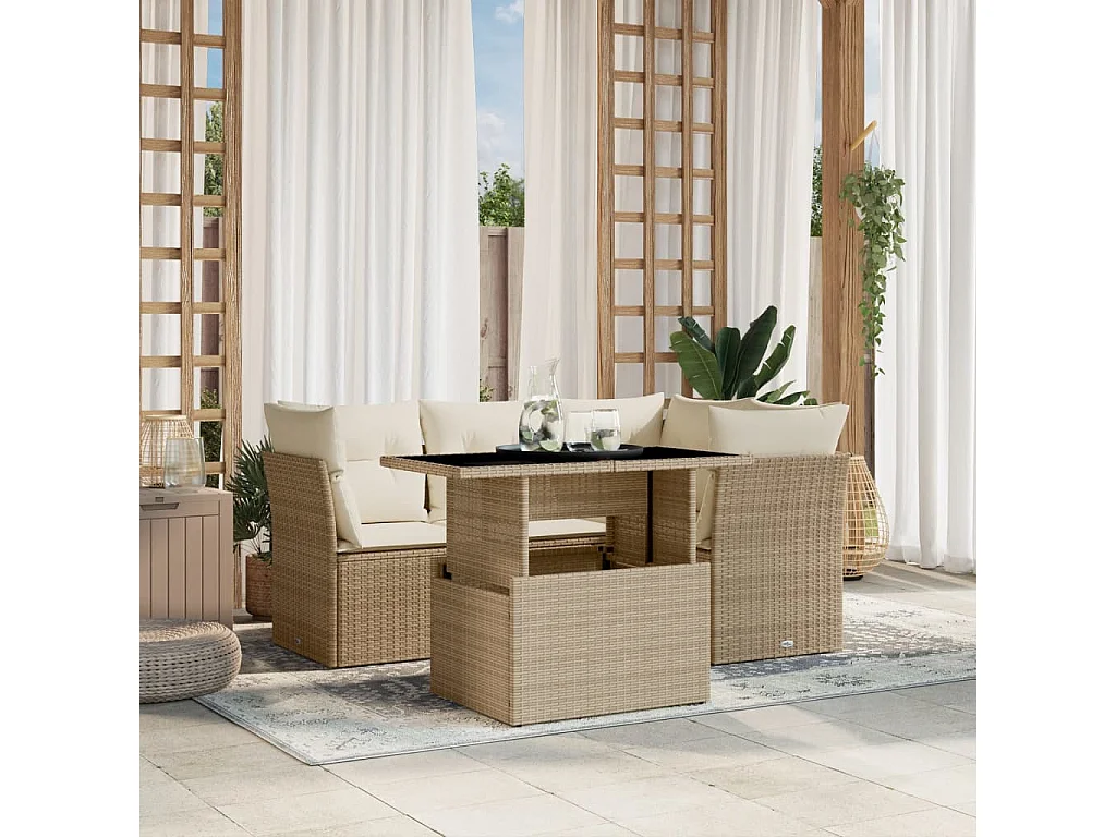 Salon de jardin avec coussins 5 pièces beige résine tressée