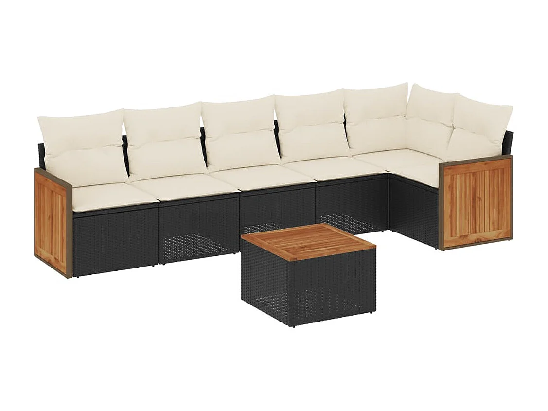 7-delige Loungeset met kussens poly rattan zwart