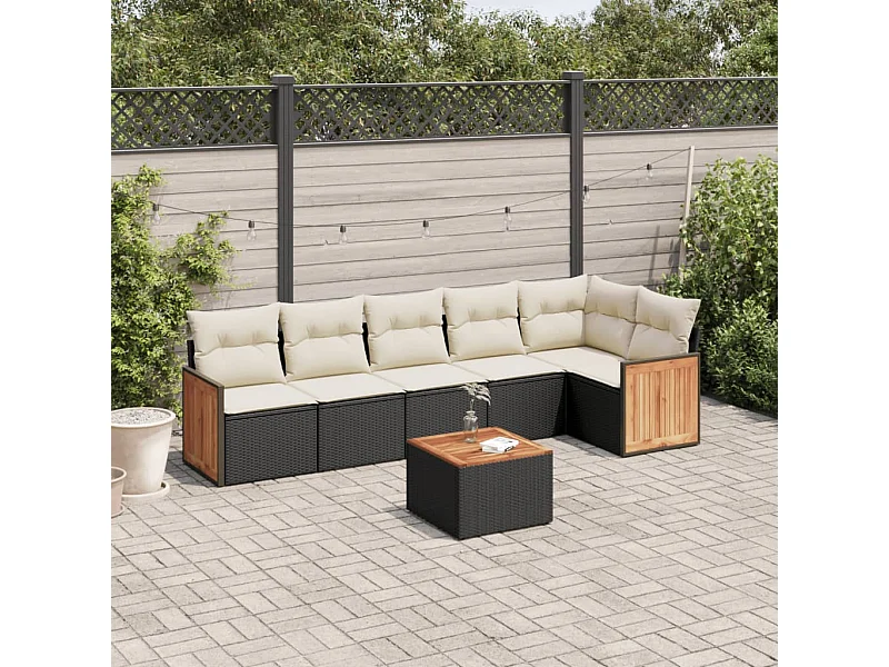 Salon de jardin 7 pièces avec coussins noir résine tressée