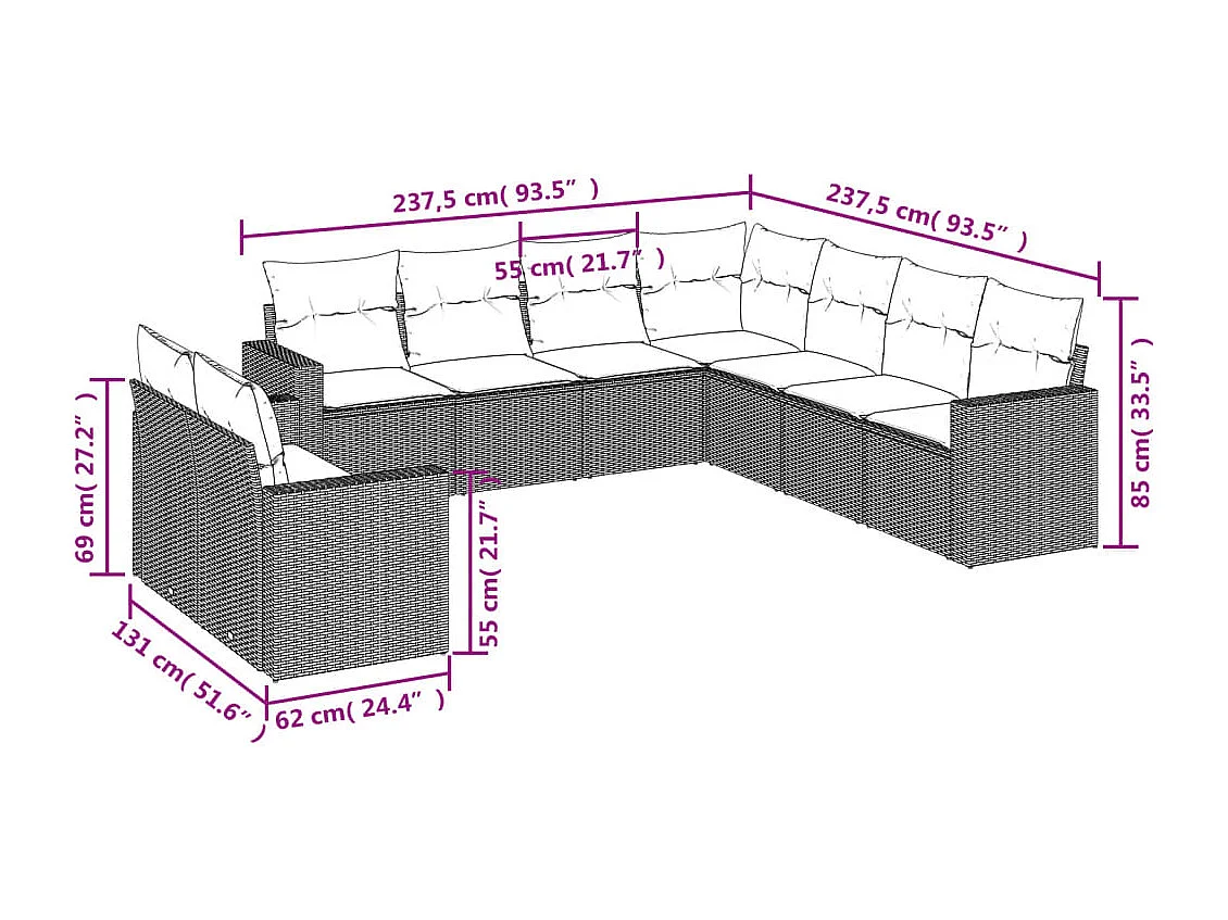 Set muebles jardín 9 piezas y cojines ratán sintético gris claro