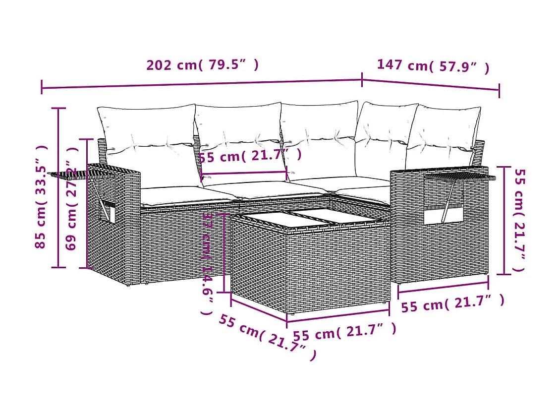Set comedor de jardín 5 piezas y cojines ratán sintético marrón