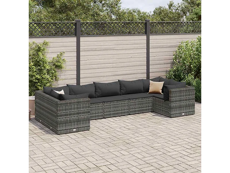 Set de muebles de jardín 7 piezas y cojines ratán sintético gris