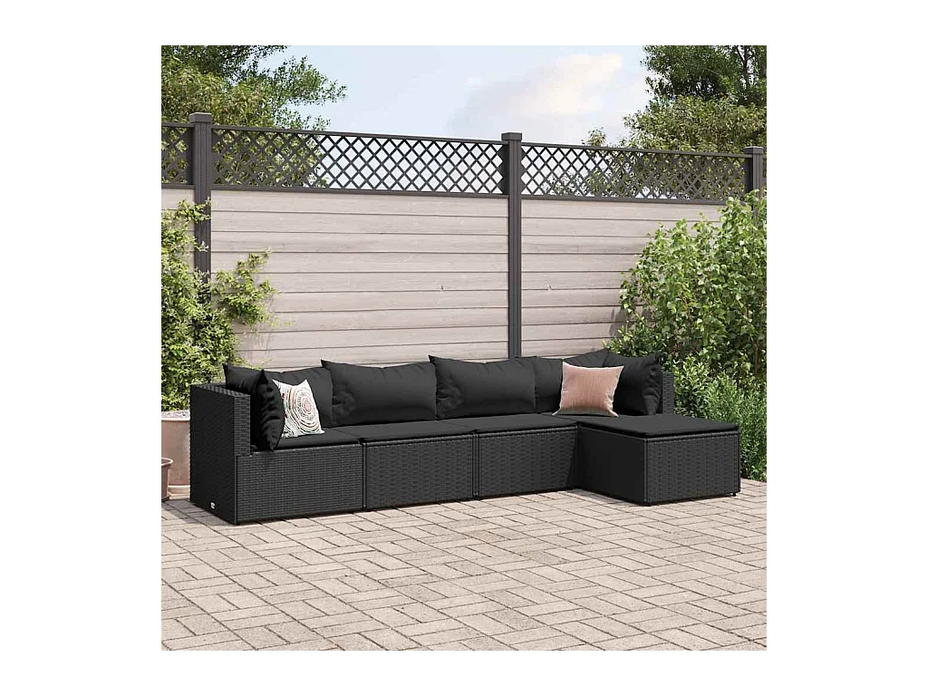 Set de muebles de jardín 5 piezas y cojines ratán sintético negro