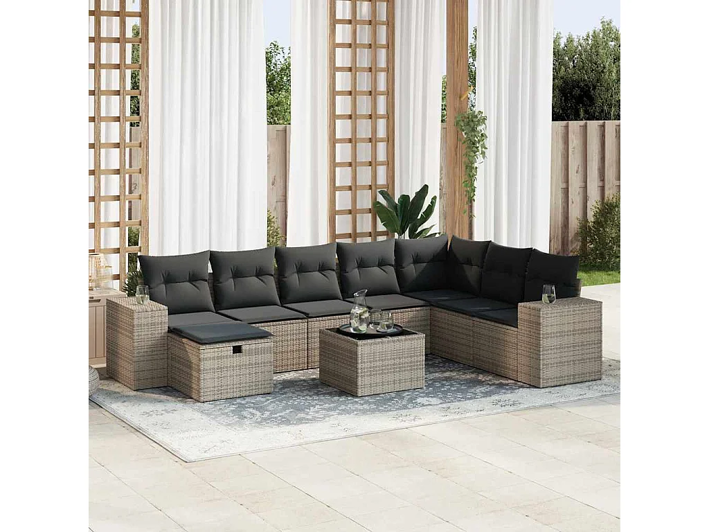 Salon de jardin 9 pièces avec coussins gris résine tressée