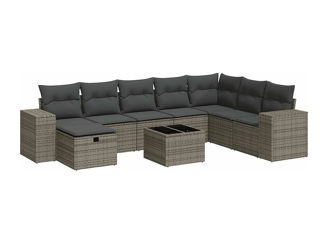 Salon de jardin 9 pièces avec coussins gris résine tressée