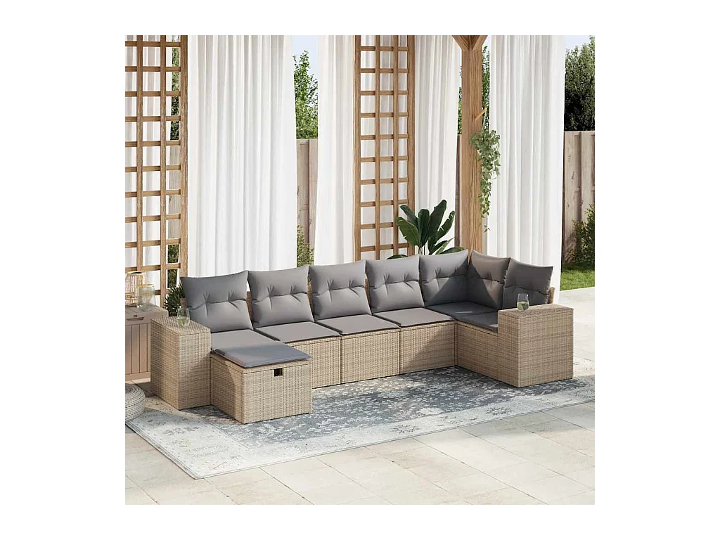 7 peças conjunto de sofás para jardim com almofadões vime PE bege