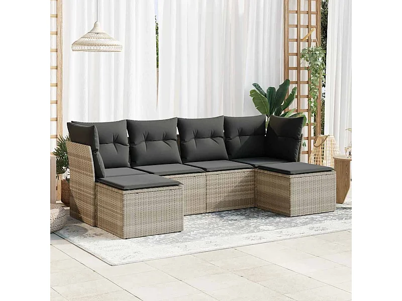 Salon de jardin 6 pièces avec coussins gris clair résine tressée