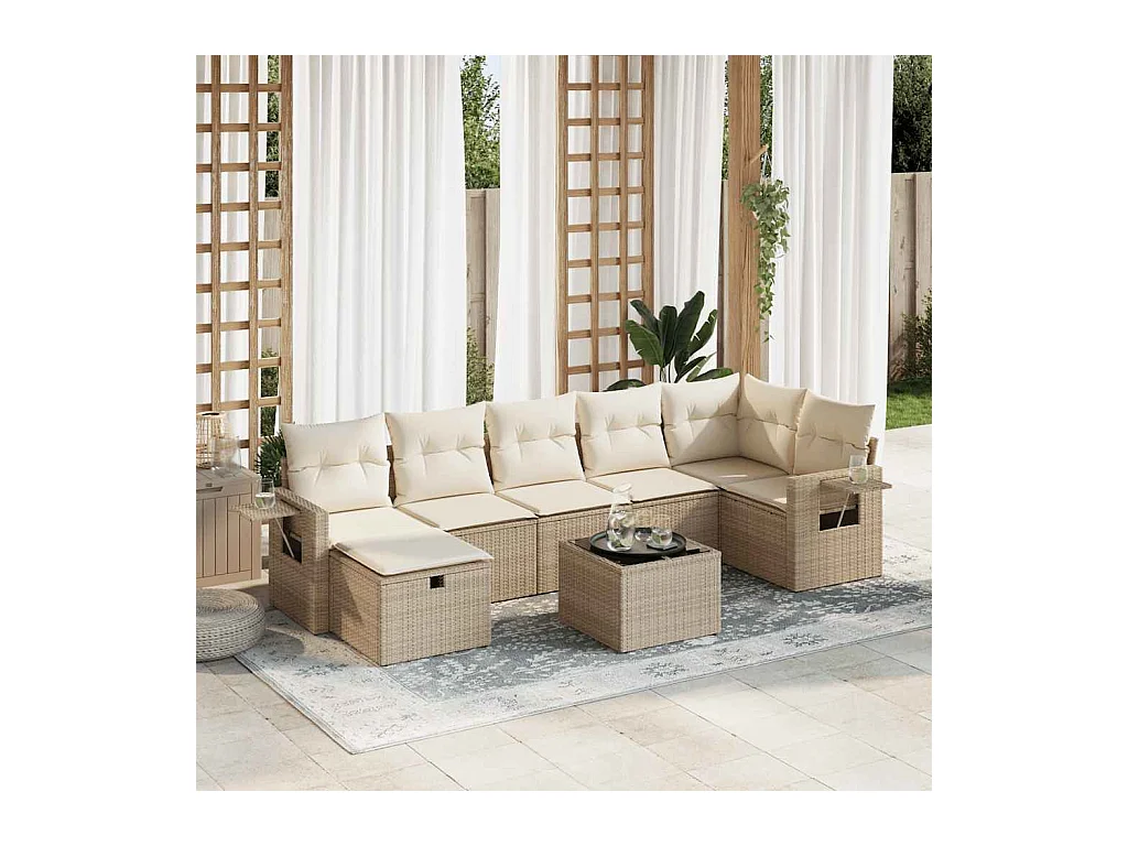 8 peças conjunto de sofás para jardim com almofadões vime PE bege