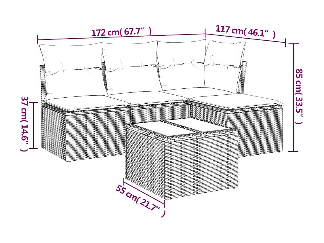 Set de sofás jardín y cojines 5 piezas ratán sintético gris claro
