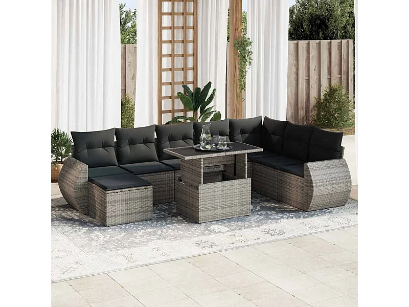 Salon de jardin 9 pièces avec coussins gris résine tressée
