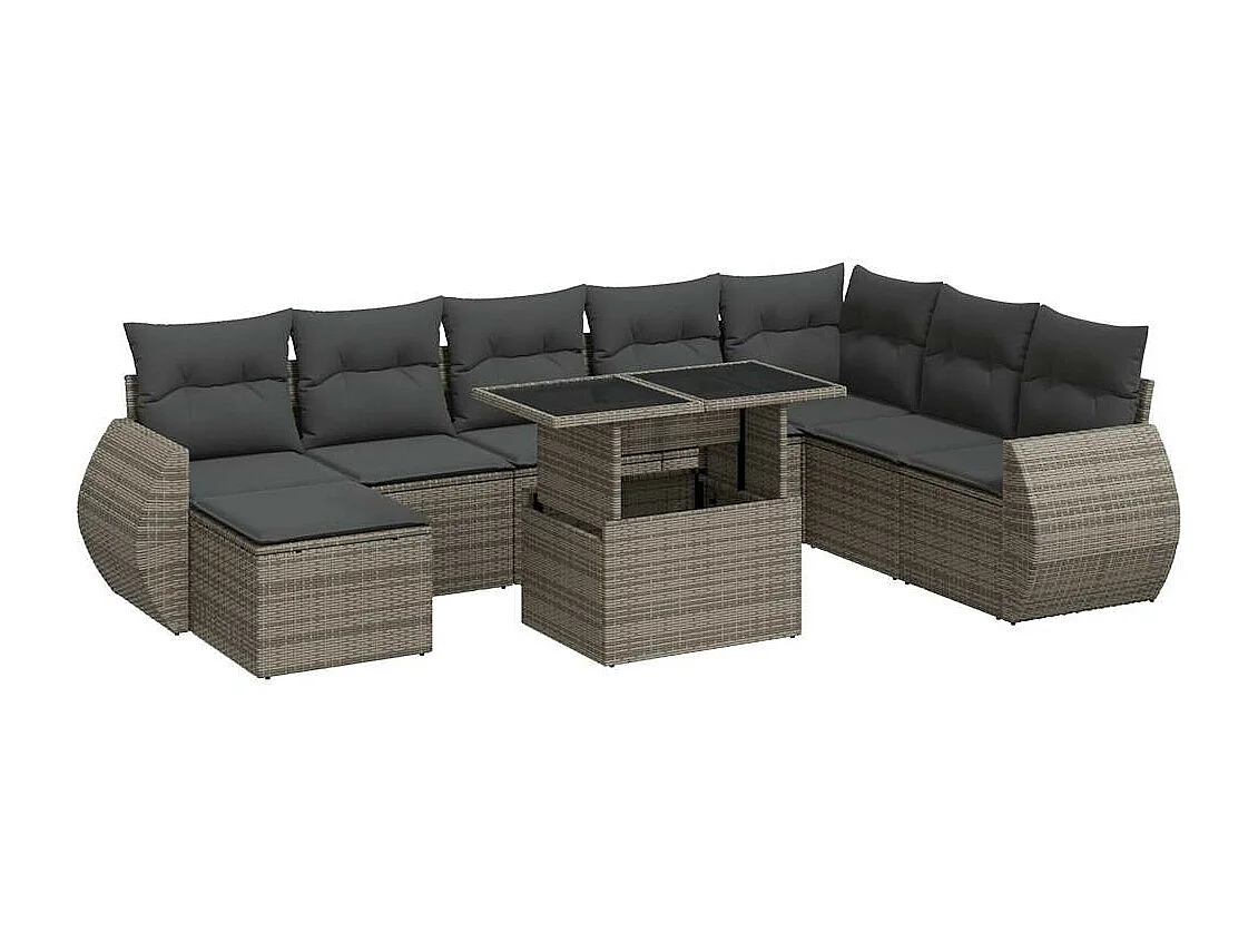 Salon de jardin 9 pièces avec coussins gris résine tressée