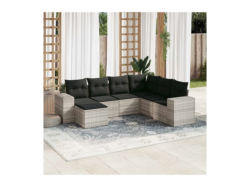 Set de sofás de jardín 7 piezas con cojines ratán PE gris claro