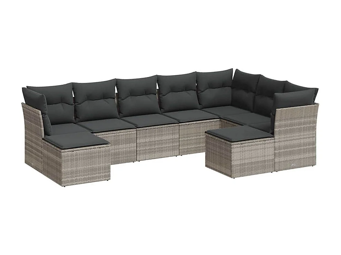 Salon de jardin 9 pièces avec coussins gris clair résine tressée