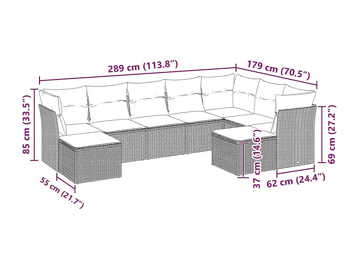 Salon de jardin 9 pièces avec coussins gris clair résine tressée