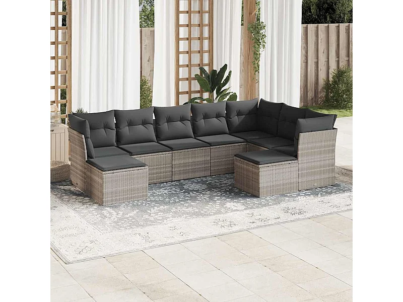 9-delige Loungeset met kussens poly rattan lichtgrijs