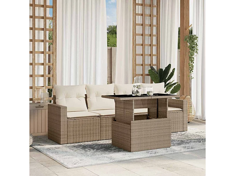 Salon de jardin avec coussins 5 pièces beige résine tressée