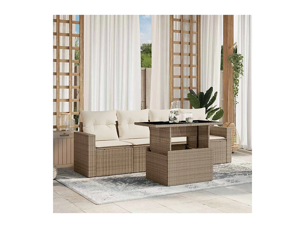 5-delige Loungeset met kussens poly rattan beige