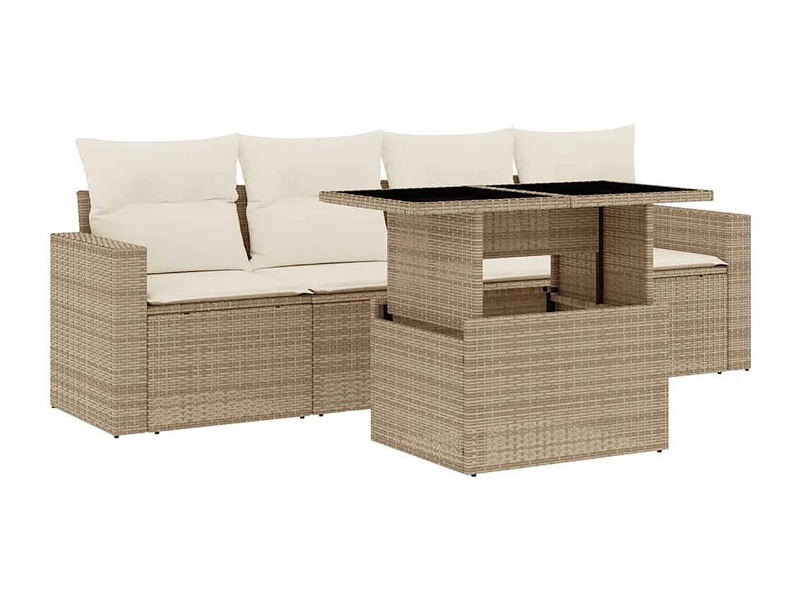 Salon de jardin avec coussins 5 pièces beige résine tressée