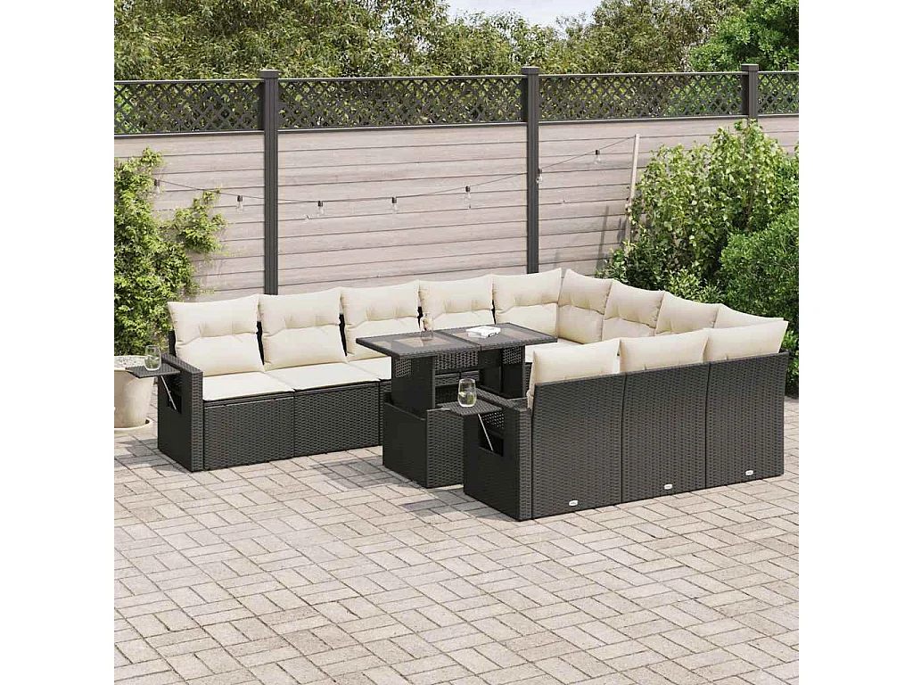 Salon de jardin 11 pièces avec coussins noir résine tressée