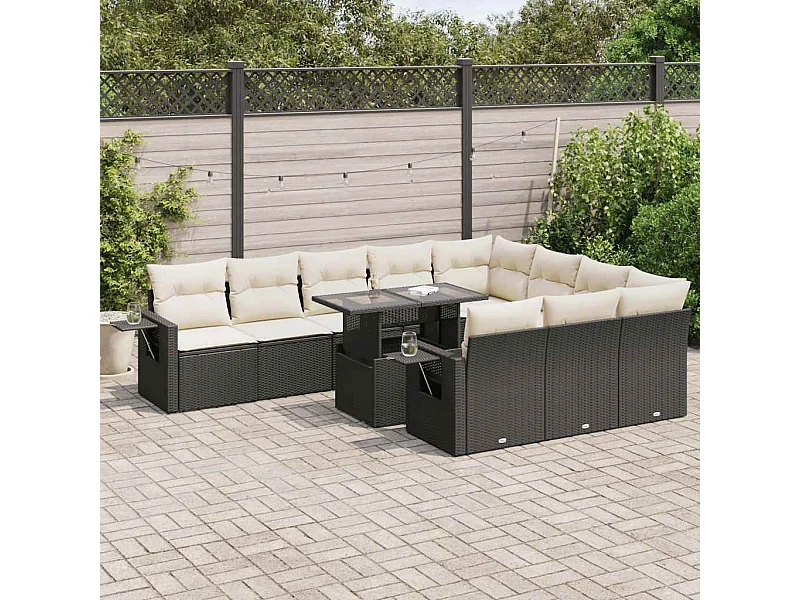 Salon de jardin 11 pièces avec coussins noir résine tressée