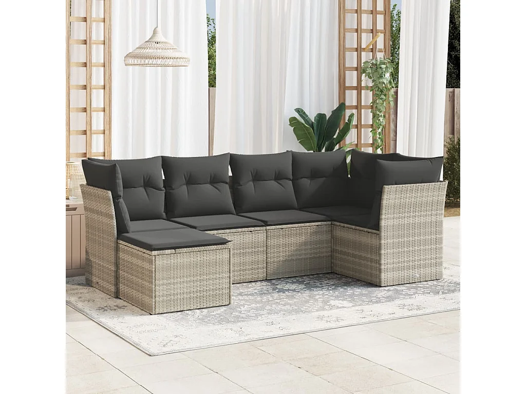 Salon de jardin 6 pièces avec coussins gris clair résine tressée