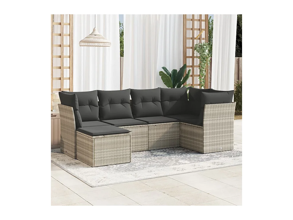 Salon de jardin 6 pièces avec coussins gris clair résine tressée