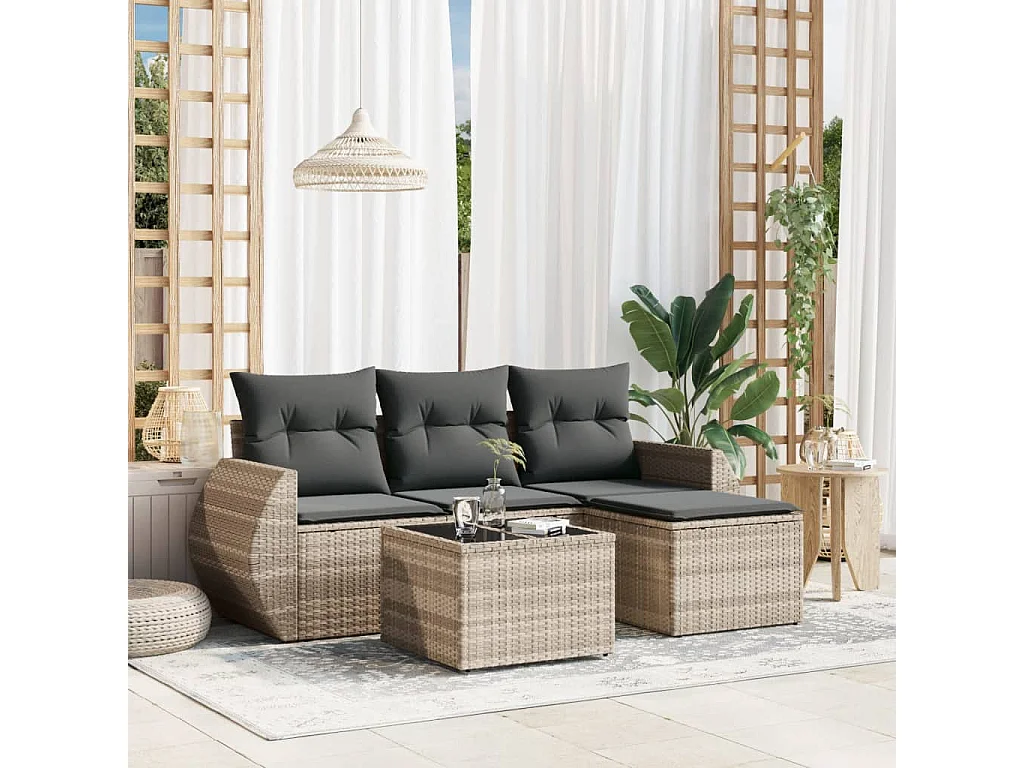 Salon de jardin 5 pièces avec coussins gris clair résine tressée