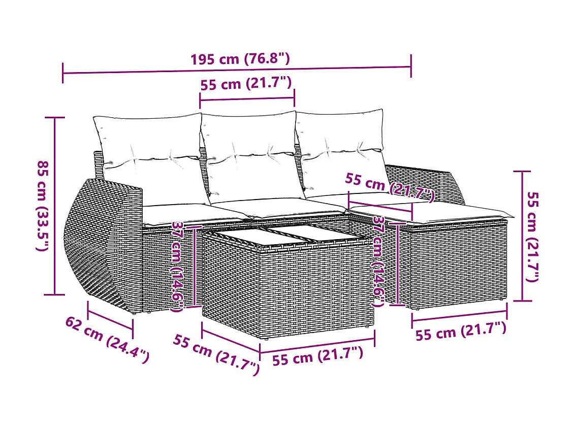 Salon de jardin 5 pièces avec coussins gris clair résine tressée