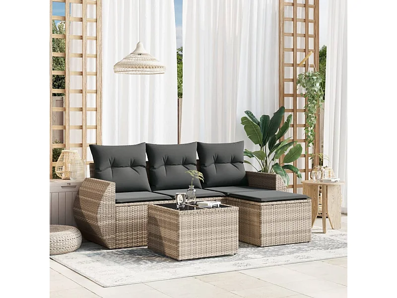 Salon de jardin 5 pièces avec coussins gris clair résine tressée