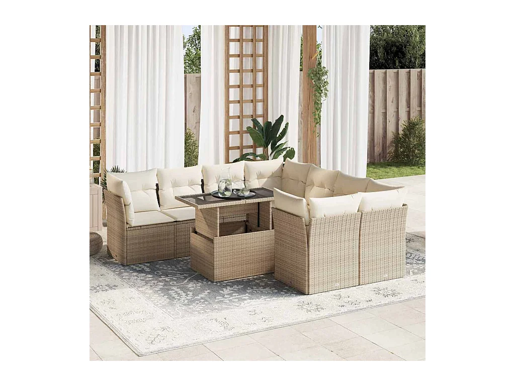 Salon de jardin avec coussins 9 pièces beige résine tressée