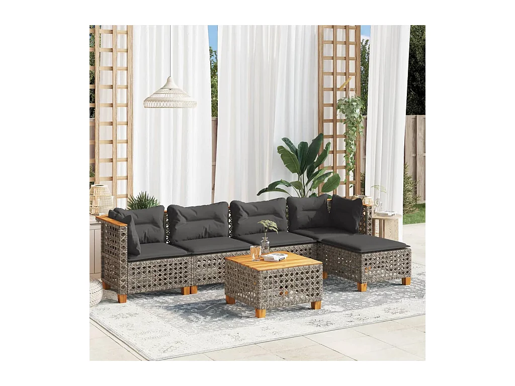 6 peças conjunto sofás de jardim com almofadões vime cinzento