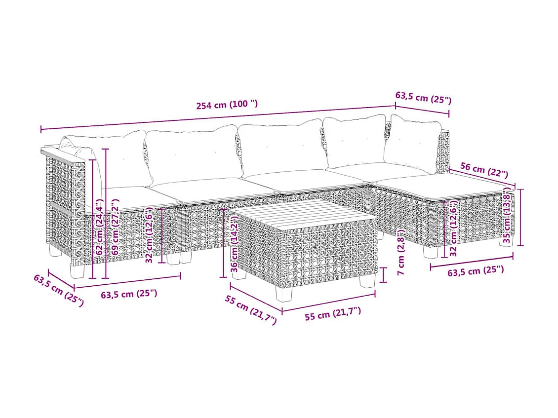 6 peças conjunto sofás de jardim com almofadões vime cinzento