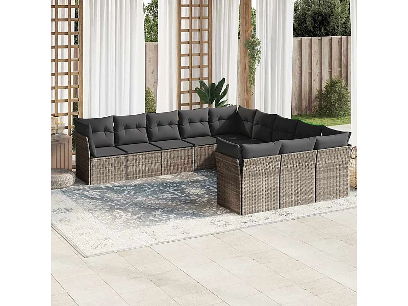 11 peças conjunto sofás de jardim com almofadões vime PE cinzento