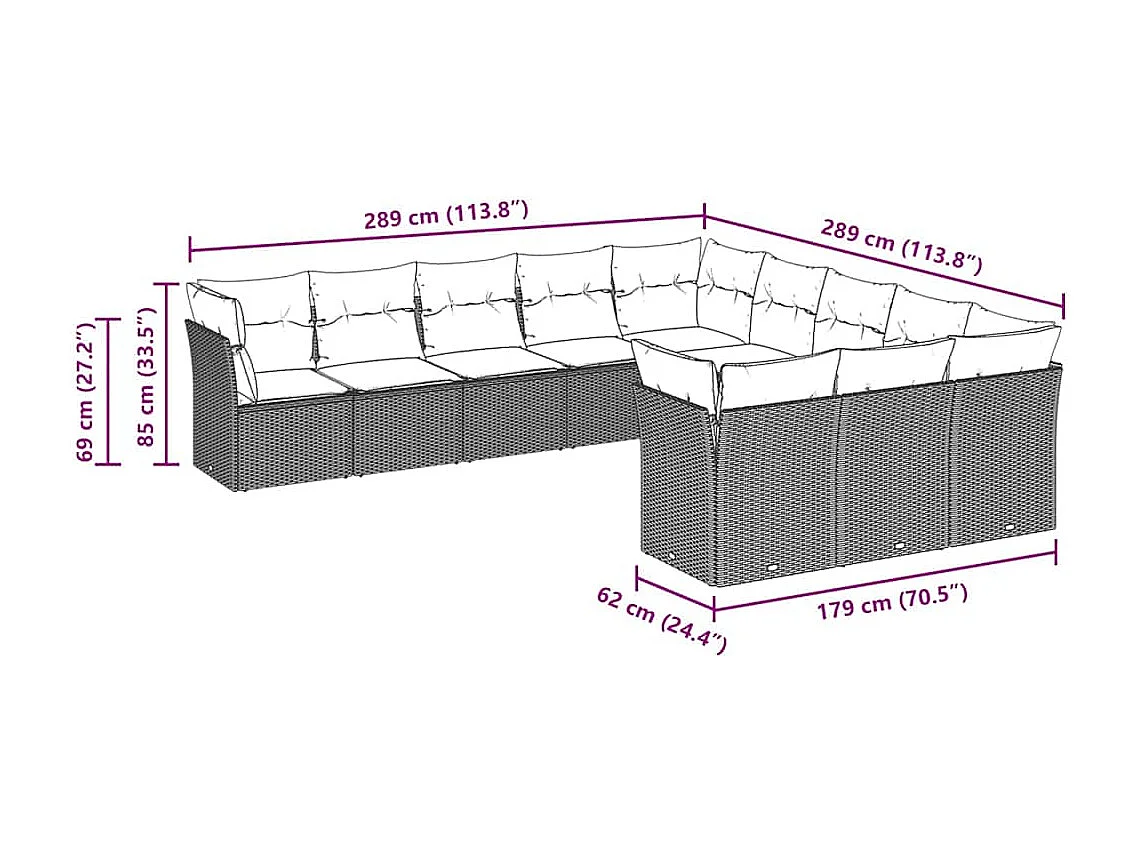 11 peças conjunto sofás de jardim com almofadões vime PE cinzento