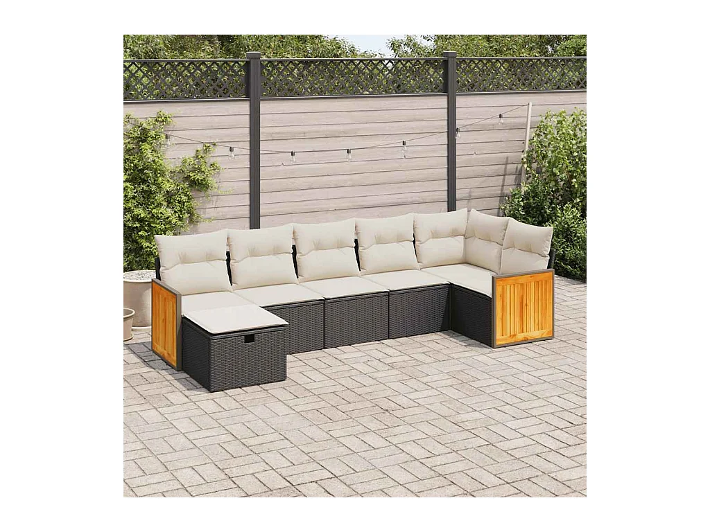 Salon de jardin 7 pièces avec coussins noir résine tressée