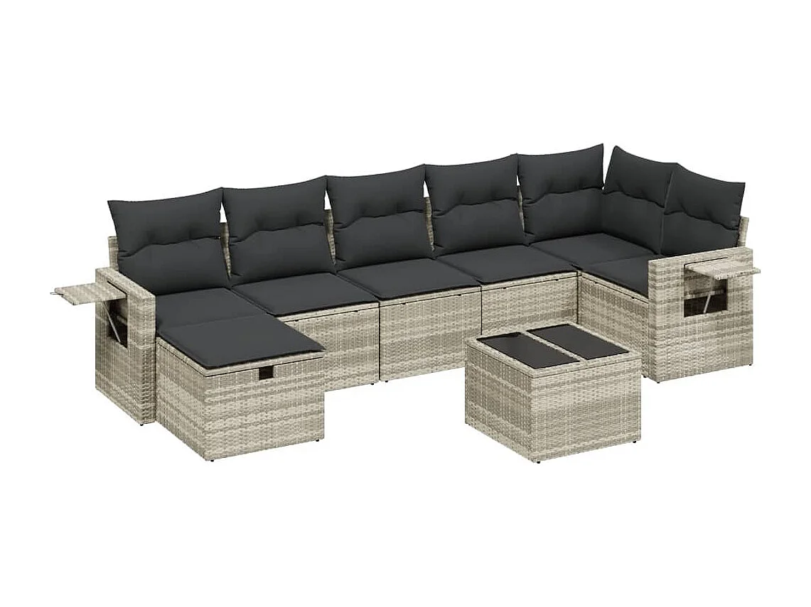 Salon de jardin 8 pièces avec coussins gris clair résine tressée