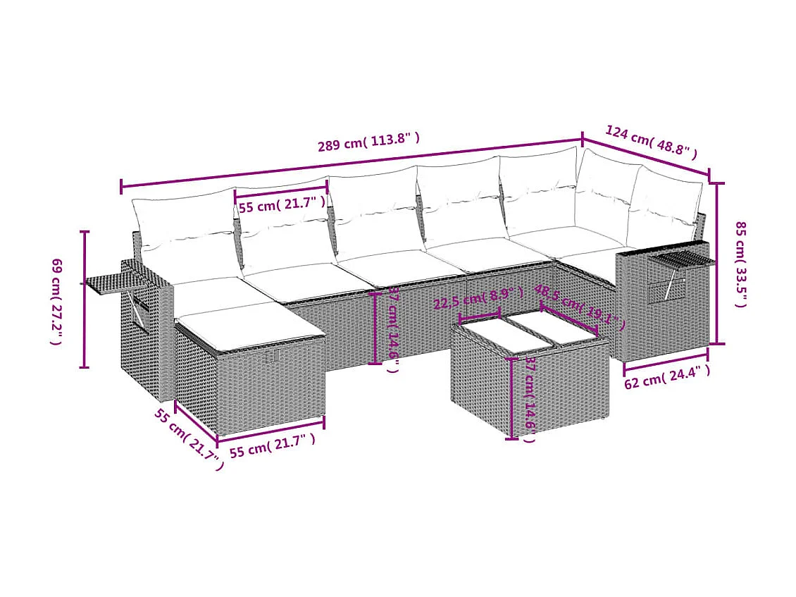 Salon de jardin 8 pièces avec coussins gris clair résine tressée
