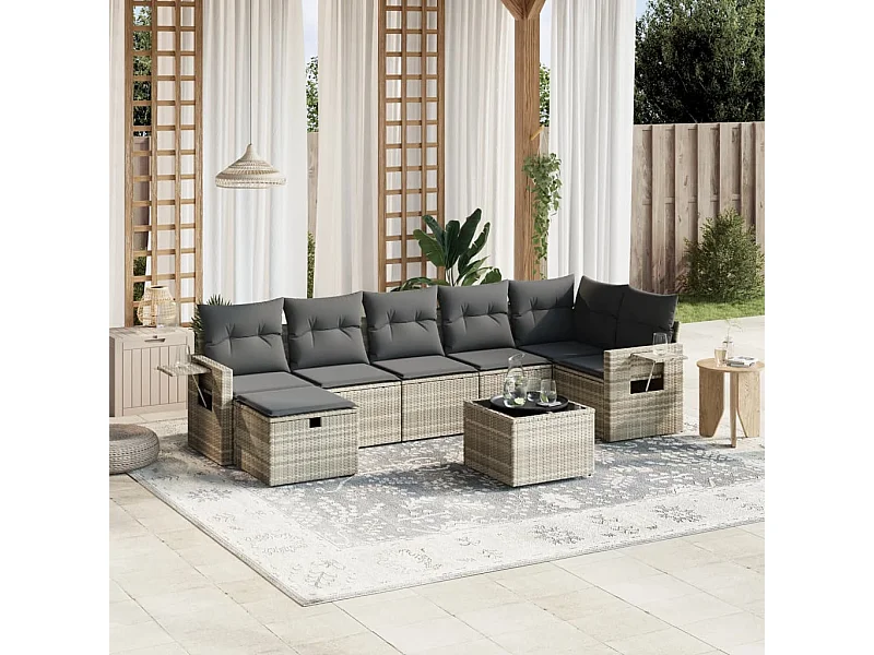 Salon de jardin 8 pièces avec coussins gris clair résine tressée
