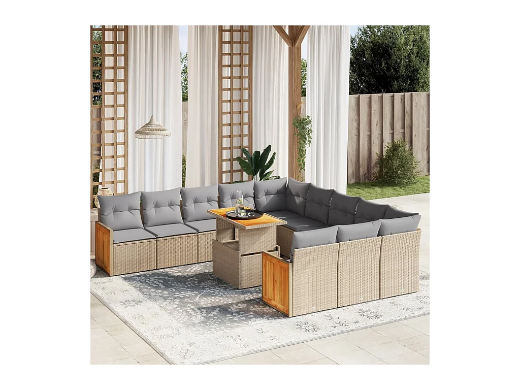 Salon de jardin 11 pièces avec coussins beige résine tressée
